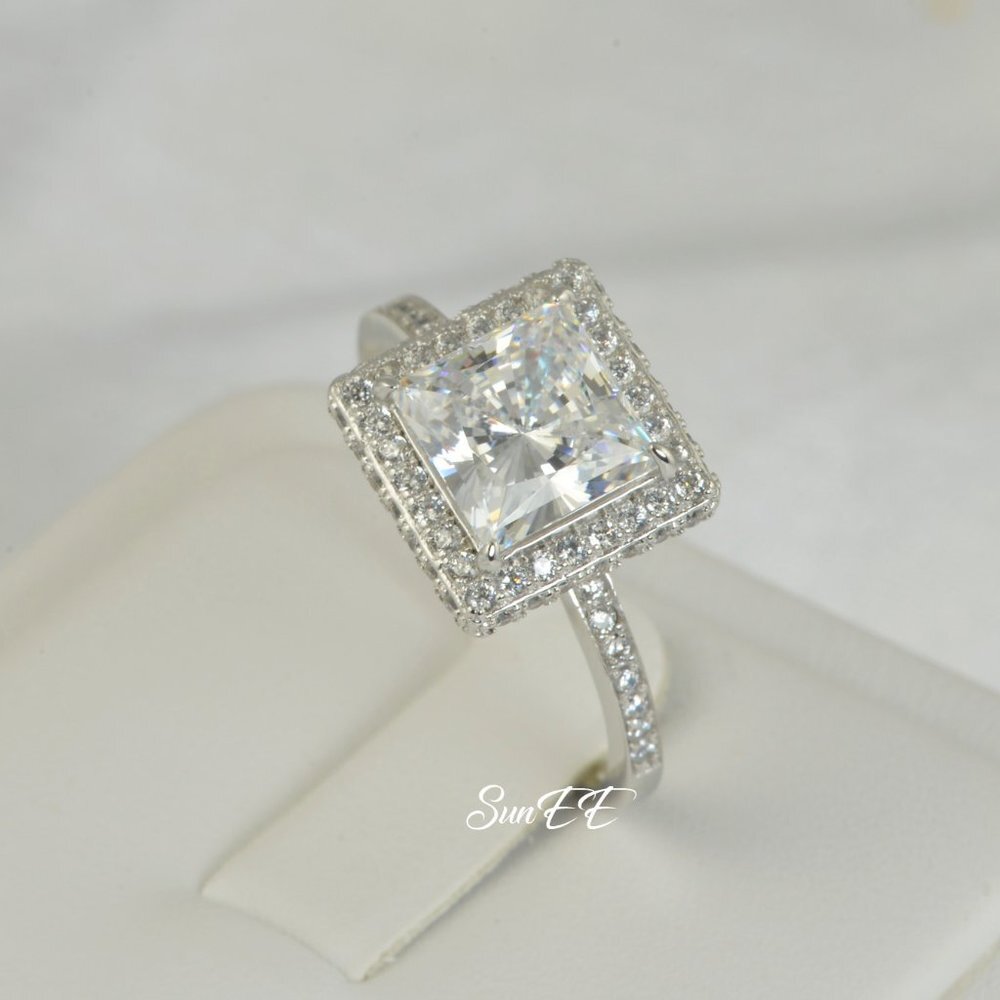 NEW 925 STERLING SILVER HALO PRINCESS DIAMOND CUT WEDDING RINGS ENGAGEMENT RING - Picture 3 of 7